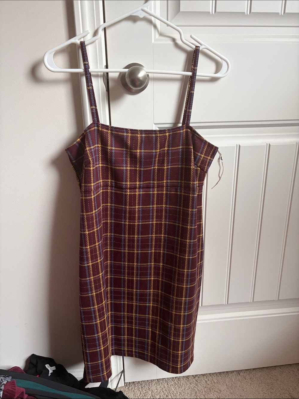 Popular Basics Burgundy Plaid Spaghetti Strap Mini Dress